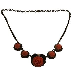 Vintage Necklace Coral Colored Celluloid Carved Rose Gold Tone Chain Fillagree